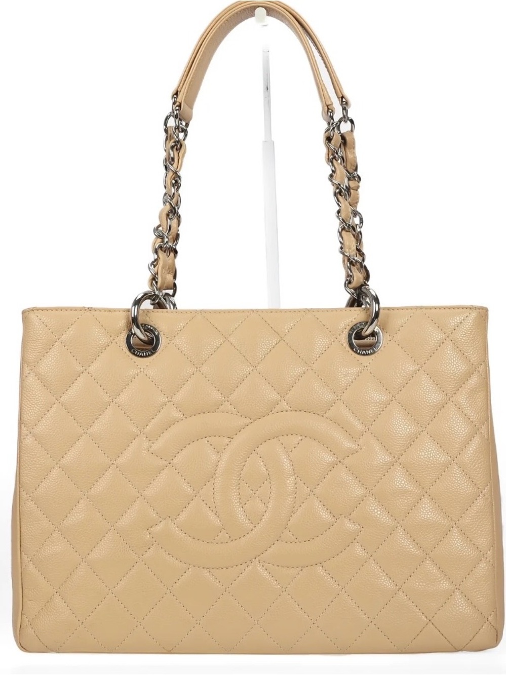 Chanel Beige Quilted Cavier Leather Grand Shopping Tote Bag with Silver hardware